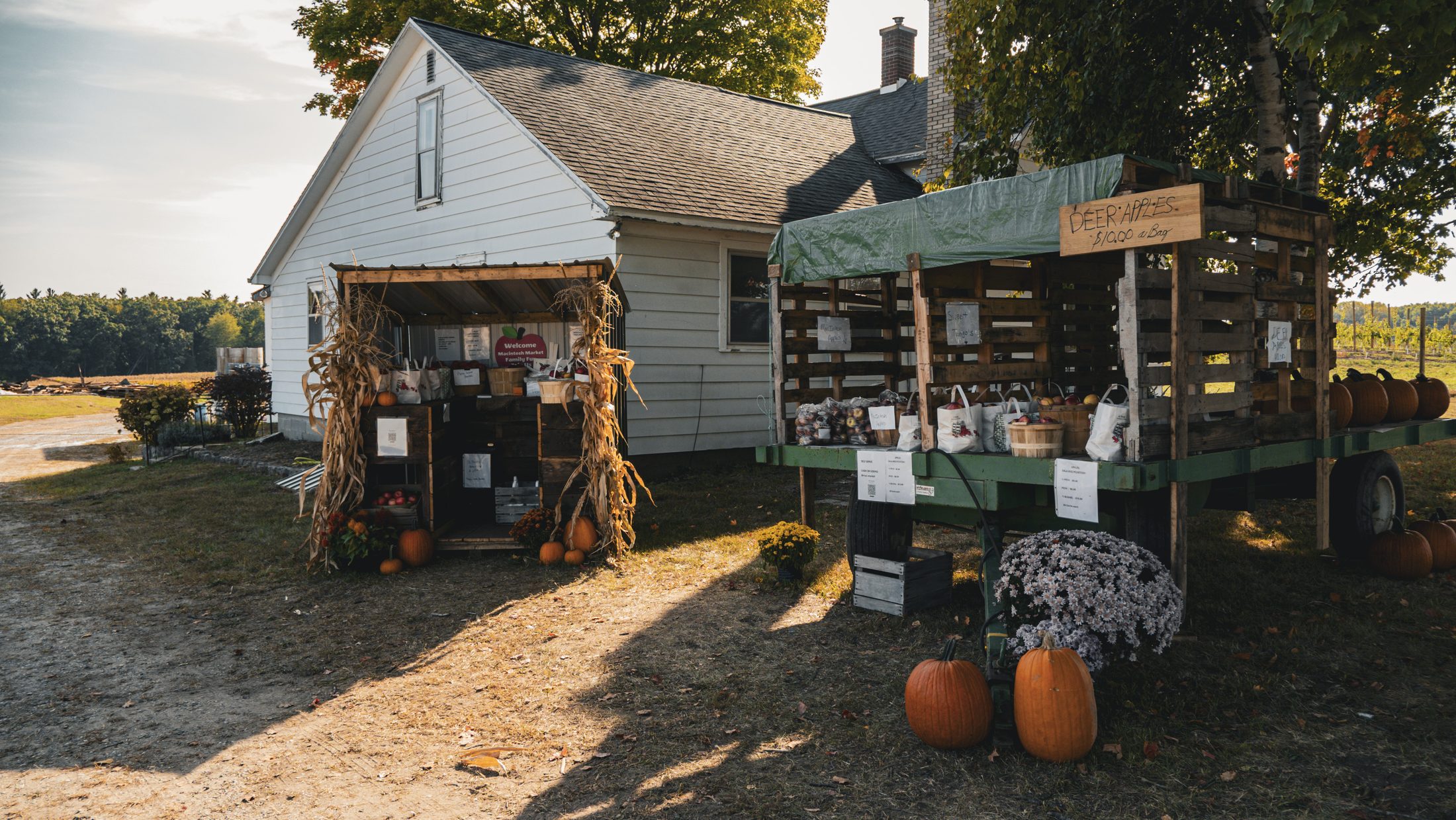 Macintosh Orchards farm market stand and self-serve apple wagon in front of the farmhouse