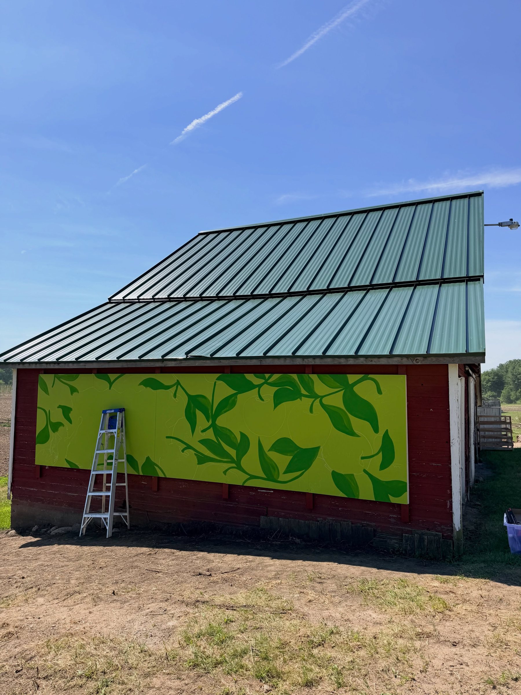 Hand-painted green vine pattern taking shape on the barn wall